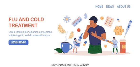 Character Sneezing and Coughing. Prevention against Virus and Infection.Young Man Having a Cold. Flu and Sickness Concept. Doctors Treat Patient with Pills, Capsules. Influenza Treatment
