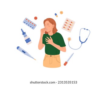 Character Sneezing and Coughing. Prevention against Virus and Infection.Young Woman Having a Cold. Flu and Sickness Concept. Doctors Treat Patient with Pills, Capsules. Influenza Treatment