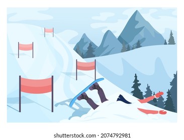 Character In A Snow Bank. Snowboarder Fell Down A Hill Snowboarding. Snowboard Newbie Failure. Ski Resort Track. Winter Extreme Sport Activities. Flat Vector Illustration