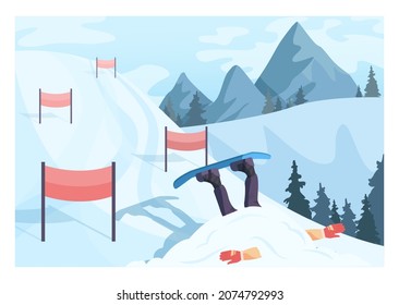 Character in a snow bank. Snowboarder fell down a hill snowboarding. Snowboard newbie failure. Ski resort track. Winter extreme sport activities. Flat vector illustration