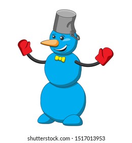 The character is a snowman with a bucket on his head and a bow tie in red mittens on a white isolated background. Vector image esp 10