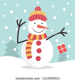 character of snowman on the snowfall background with hat, scarf and present, Merry Christmas. cartoon flat vector illustration