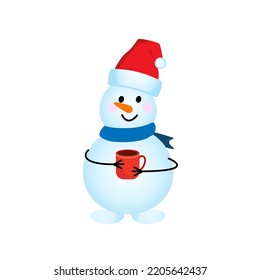 character is a snowman in a scarf and a hat with a red mug. Vector illustration. clipart Isolated on white background. Cheerful merry christmas snowmen.