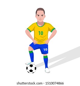 the character of a soccer athlete posing with the ball on his right foot. simple illustration with white background