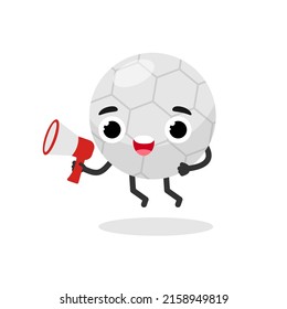 Character soccer ball winner with megaphone. Football cartoon illustration.