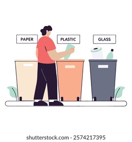 A character sorting materials into recycling bins