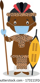 Character from South Africa. Zulu boy dressed in the traditional way of the Zulu tribe and with surgical mask and latex gloves as protection against a health emergency