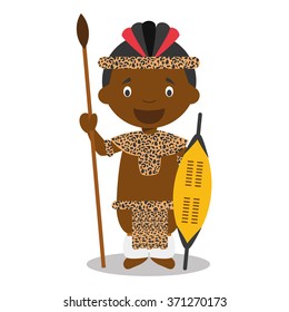 Character From South Africa. Zulu Boy Dressed In The Traditional Way Of The Zulu Tribe. Vector Illustration. Kids Of The World Collection.