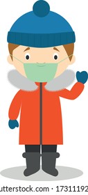 Character from South Pole, Arctic or Antarctica dressed in the traditional way and with surgical mask and latex gloves as protection against a health emergency