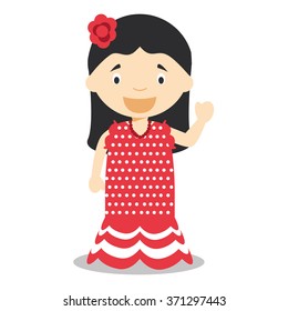 Character from Spain dressed in the traditional way as a flamenco dancer. Vector Illustration. Kids of the World Collection.