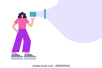 Character speaks into a megaphone. Statement, utterance, news concept. Colorful flat vector illustration