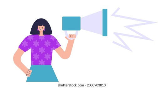 Character speaks into a megaphone. Statement, utterance, news concept. Colorful flat vector illustration