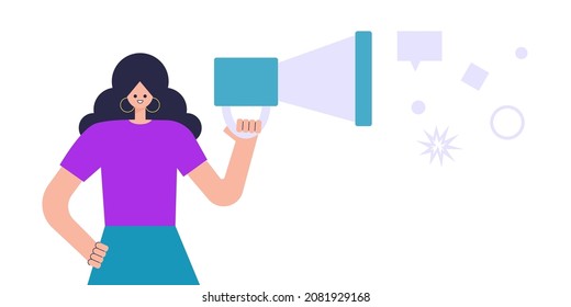 Character speaks into a megaphone. Statement, utterance, news concept. Colorful flat vector illustration