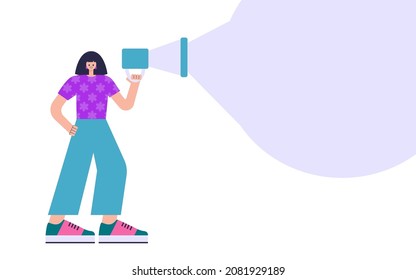 Character speaks into a megaphone. Statement, utterance, news concept. Colorful flat vector illustration