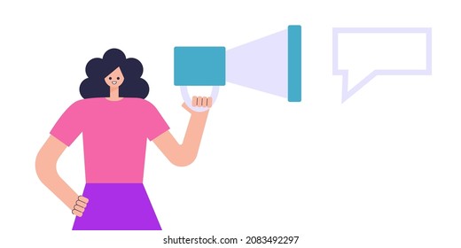 Character speaks into a megaphone. Statement, utterance, news concept. Colorful flat vector illustration