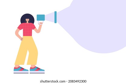 Character speaks into a megaphone. Statement, utterance, news concept. Colorful flat vector illustration