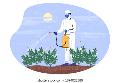 Character in special costume spraying pesticides. Farmer spraying pesticide chemicals on plants in garden. Pest control worker man with spray equipment. Flat cartoon vector illustration