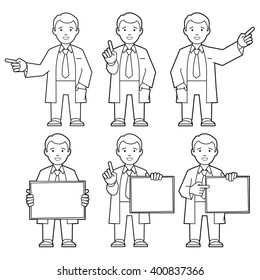 Character IT specialist, scientist, doctor, engineer. Line art. Set of different poses and gestures paying attention or point to anything. Vector illustration of a man in a white coat. 