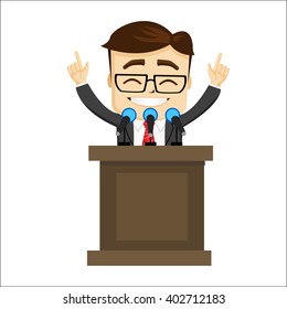 Character speeking on a rostrum. Manager character on a platform. Smiling cartoon character. 