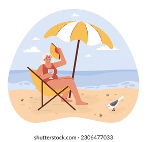 Character spending time on the beach. Happy and active senior spending time by the sea. Retired woman on her summer vacation. Old lady in a swimsuit. Flat vector illustration