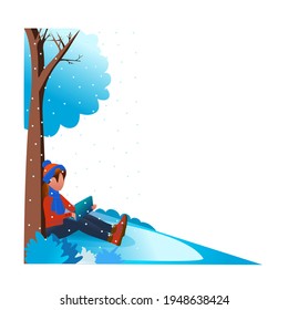 The character spends time in nature, sitting under a tree with a laptop. It's cold in winter. Cartoon drawing. Flat style.