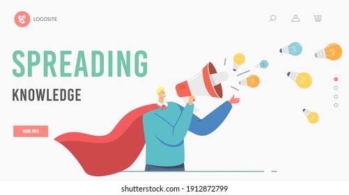 Plantilla de la página de inicio de conocimiento e ideas de difusión de caracteres. El hombre usa un vestido de superhéroe rojo con altavoz y luces brillantes volando hacia fuera, hombre con megáfono y bombillas. Ilustración del vector de dibujos animados
