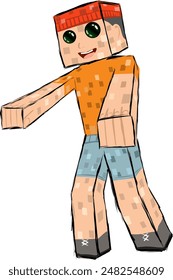 Un personaje con cabeza y cuerpo cuadrados. Un niño pixelado con un sombrero rojo con una sonrisa corriendo a algún lugar con los brazos extendidos. Ilustración vectorial el tipo parece que lo era