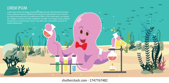 Character: squid doctor working in labortory under the sea with different scientific equipment. Water pollution concept. 
