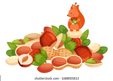 Character squirrel stock nut, hazelnut, almond, tonsil isolated on white, flat vector illustration. Banner design nature, wildlife, animal, rodent, stock. Small individual rest on food.