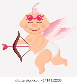 character for St. Valentine's Day, namely cupid with pink bangs, pink wings holding a bow and arrows in his hands and pink, round glasses on his head, vector