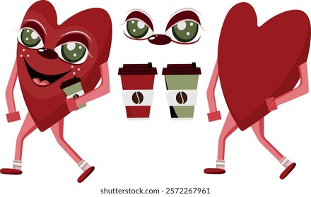 character for St. Valentine's Day, namely a red heart with a cup of coffee and elements suitable for this character