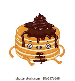 Character stack of pancakes with chocolate syrup and chocolate powder