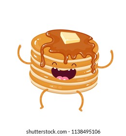 Character stack of pancakes with maple syrup and butter. Doodle illustration