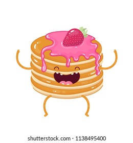 Character stack of pancakes with strawberry syrup and fresh strawberry.  Doodle illustration