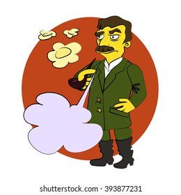 The character of Stalin Smoking a pipe, blowing smoke rings, he glares, with a blank bubble for your text. Comic cartoon vector illustration.