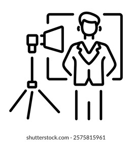 A character standing in front of studio screen, line style icon 