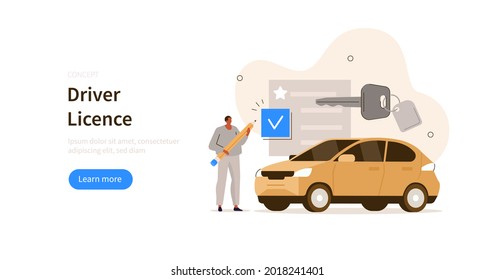 Character standing near car and passing test to get driving license. Driving lessons or courses concept. Flat cartoon vector illustration.
