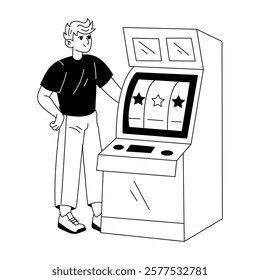 A character standing near a gambling slot machine, glyph style illustration 

