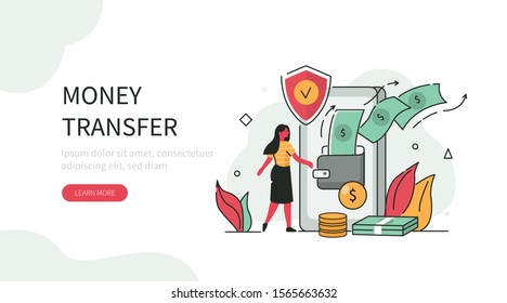 Character  Standing near Smartphone with Wallet, Sending and Receiving Money by Smartphone. Money Transfer and Payment Transaction in Online Banking Mobile App. Flat Cartoon Vector Illustration.

