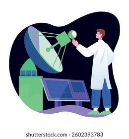 A character standing with signal device depicting space communication, flat illustration 