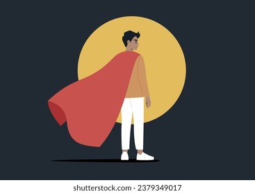 A character standing in a spotlight, donning a vibrant red superhero cape, set against a dark background
