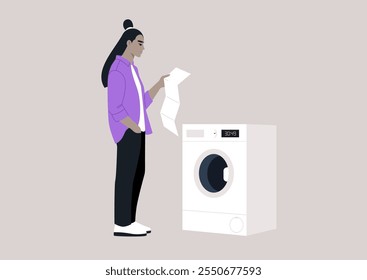 A character stands attentively, studying the washing machine manual with a curious expression, The setting is a tidy, light-colored room filled with a calm ambiance