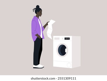 A character stands attentively, studying the washing machine manual with a curious expression, The setting is a tidy, light-colored room filled with a calm ambiance