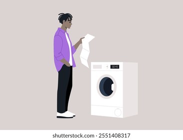 A character stands attentively, studying the washing machine manual with a curious expression, The setting is a tidy, light-colored room filled with a calm ambiance