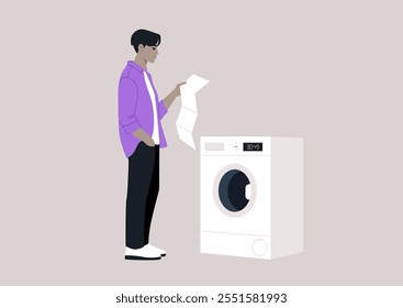 A character stands attentively, studying the washing machine manual with a curious expression, The setting is a tidy, light-colored room filled with a calm ambiance