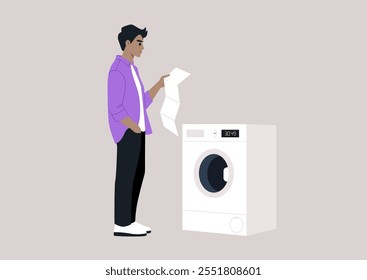 A character stands attentively, studying the washing machine manual with a curious expression, The setting is a tidy, light-colored room filled with a calm ambiance