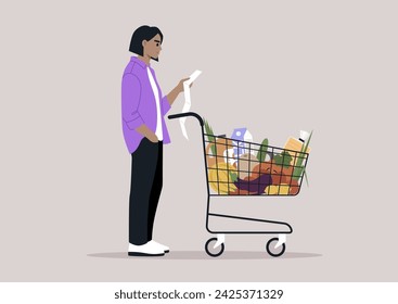 Un personaje se para tranquilamente al lado de un carrito de la compra rebosante de comida, revisando meticulosamente su lista de compras con los artículos seleccionados