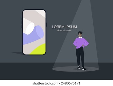 A character stands confidently under a spotlight, presenting a new technological product on stage, an annual big brand event, a startup tech press conference