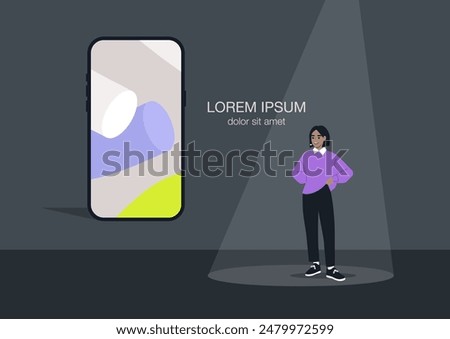A character stands confidently under a spotlight, presenting a new technological product on stage, an annual big brand event, a startup tech press conference