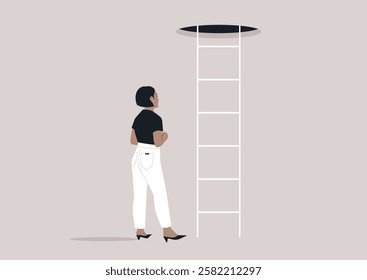 A character stands in contemplation beneath a ladder that extends upward to a dark opening, symbolizing exploration, adventure, and the allure of the unknown